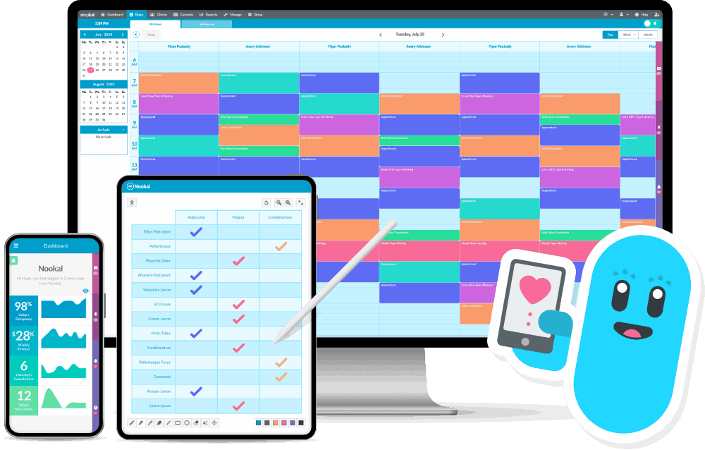 Dashboard view of Nookal practice management software showing calendar and client appointments